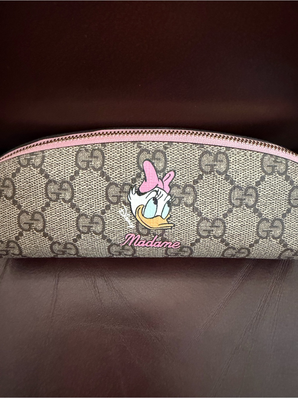 Gucci Daisy Duck Madame Cosmetic Pouch in Beige Monogram with Pink Trim